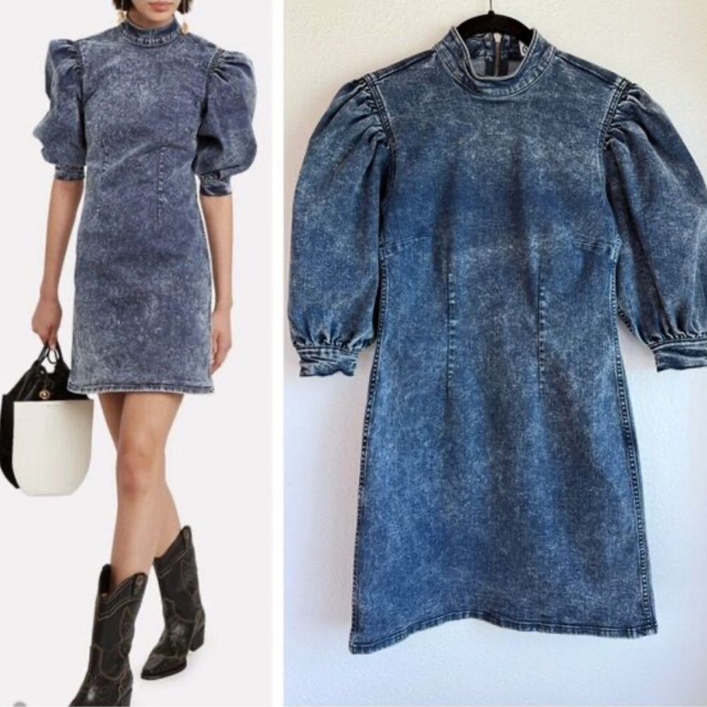 Ganni Denim Blue Puff Sleeve Mini Dress